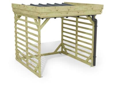 Abri à bûches 2 m × 2,27 m, adossé, avec gouttière – rendu 3D sur fond blanc