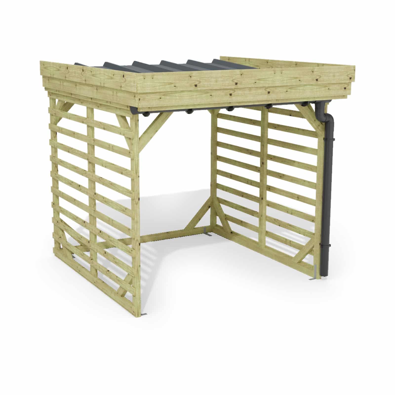 Abri à bûches 2 m × 2,27 m, adossé, avec gouttière – rendu 3D sur fond blanc