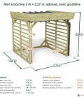 Abri à bûches 2 m × 2,27 m, adossé, avec gouttière – cotes extérieures et intérieures