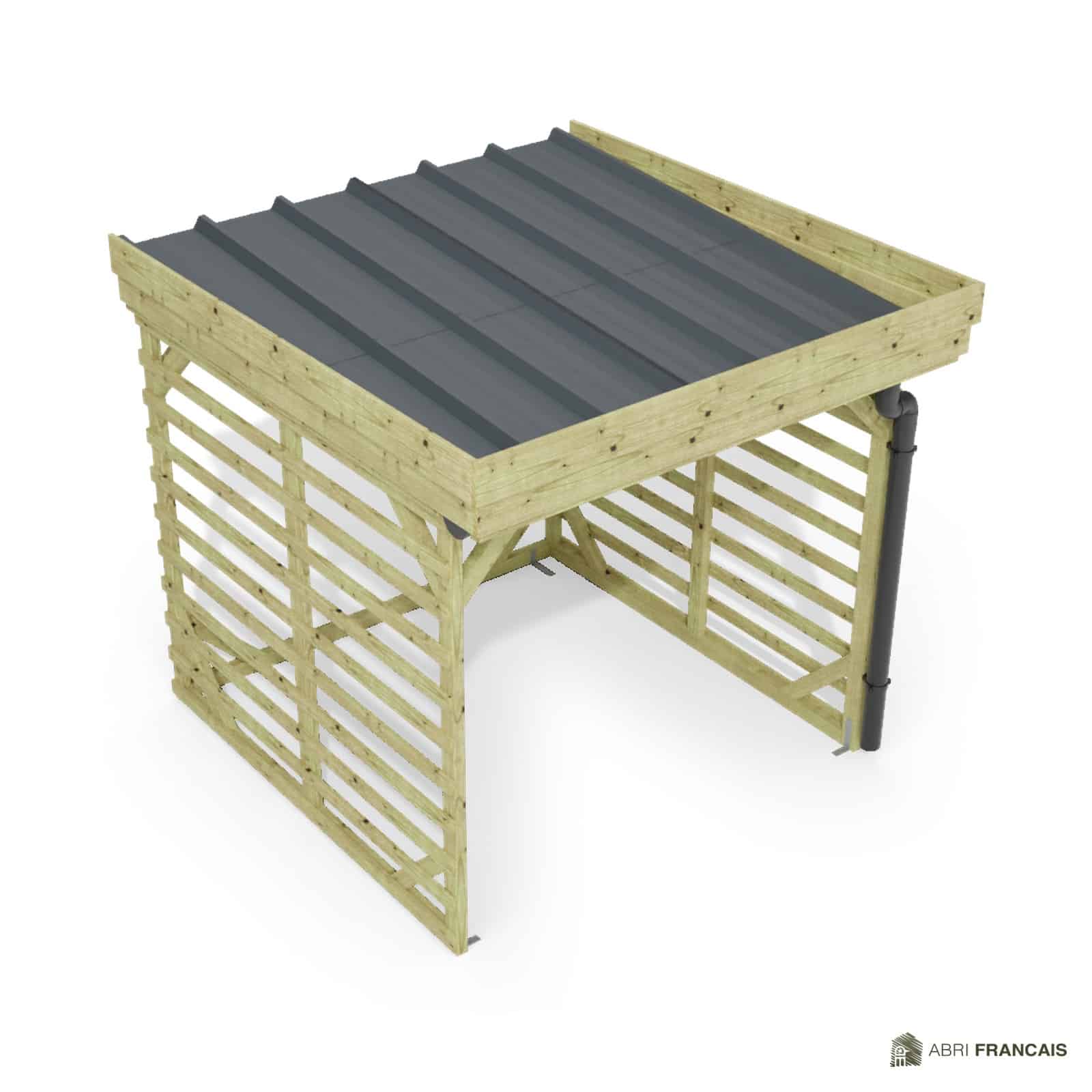Abri à bûches 2 m × 2,27 m, adossé, avec gouttière – vue du toit en bac acier