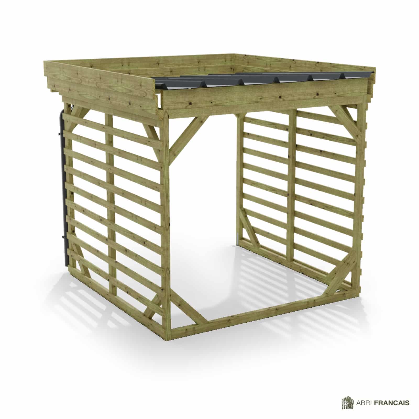 Abri à bûches 2 m × 2,27 m, adossé, avec gouttière – vue arrière, fond et côtés