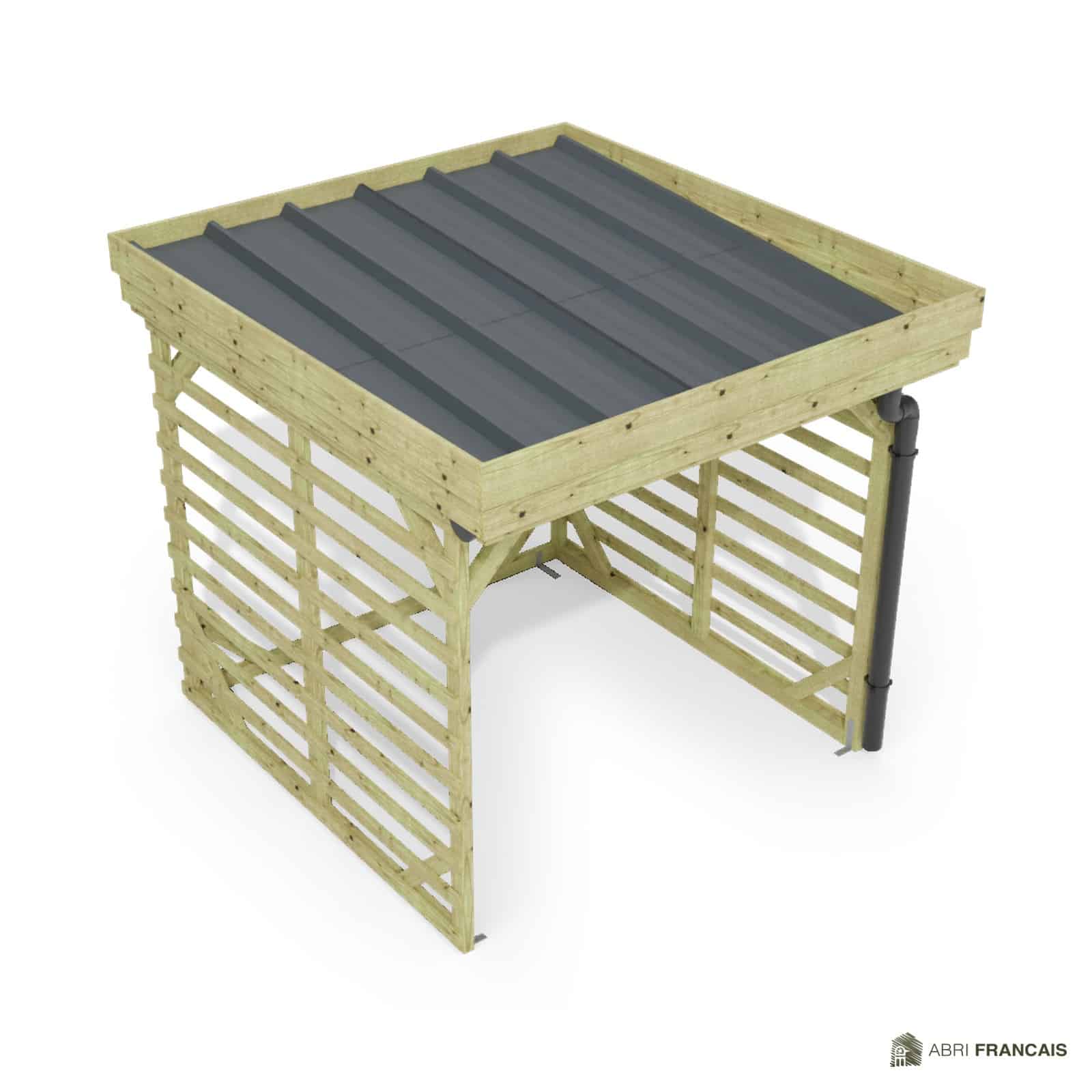 Abri à bûches 2 m × 2,27 m, avec gouttière – vue du toit en bac acier