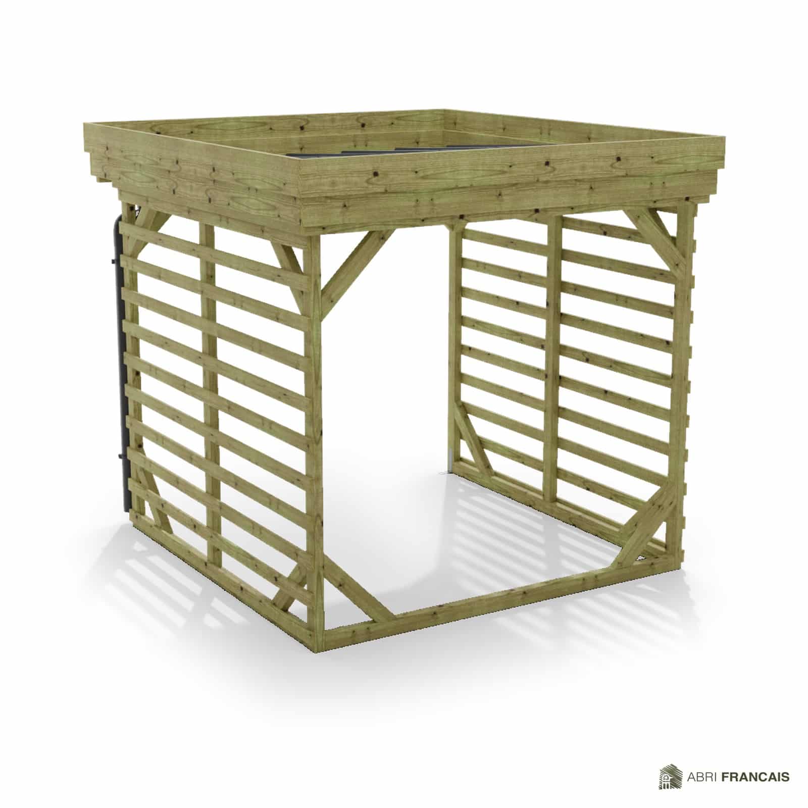 Abri à bûches 2 m × 2,27 m, avec gouttière – vue arrière, fond et côtés