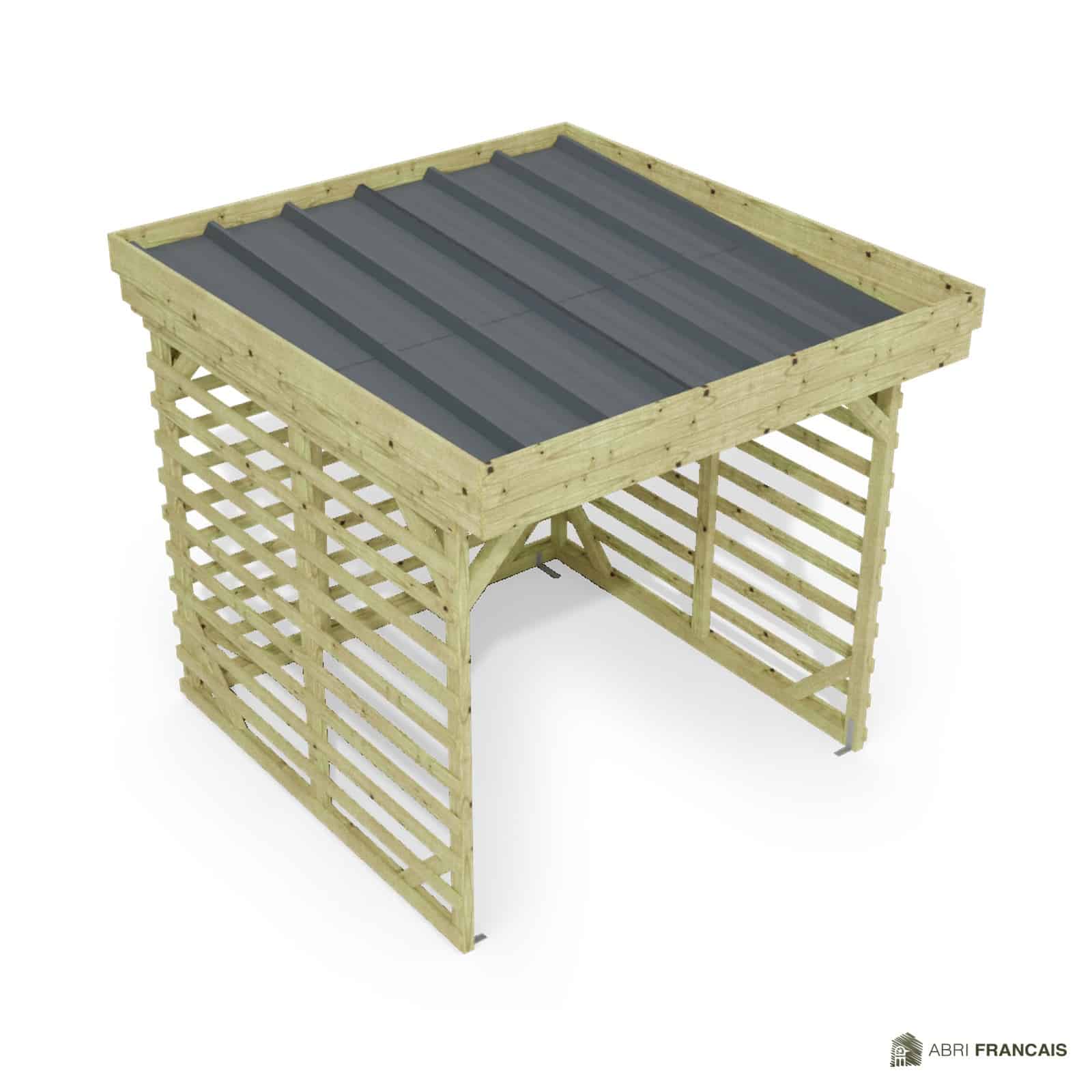 Abri à bûches 2 m × 2,27 m – vue du toit en bac acier