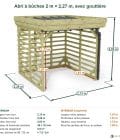 Abri à bûches 2 m × 2,27 m, avec gouttière – cotes extérieures et intérieures