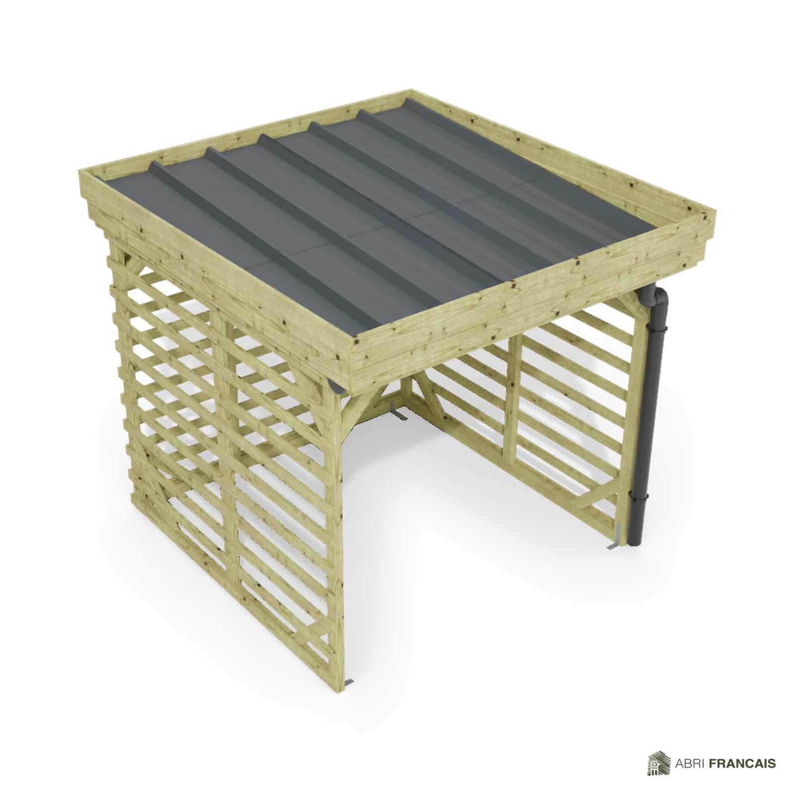 Abri à bûches 2 m × 2,27 m, avec gouttière – vue du toit en bac acier