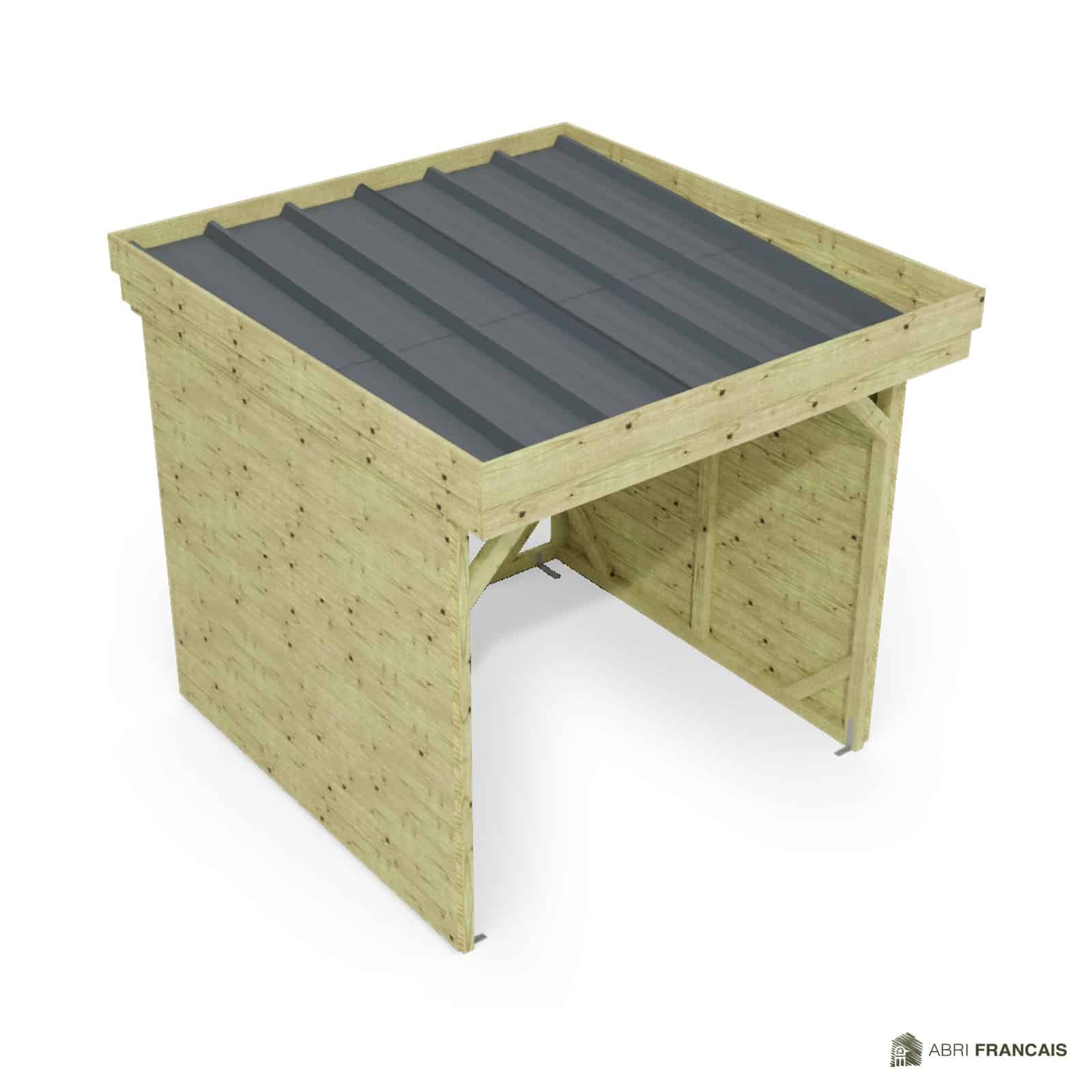 Abri à bûches 2 m × 2,27 m – vue du toit en bac acier