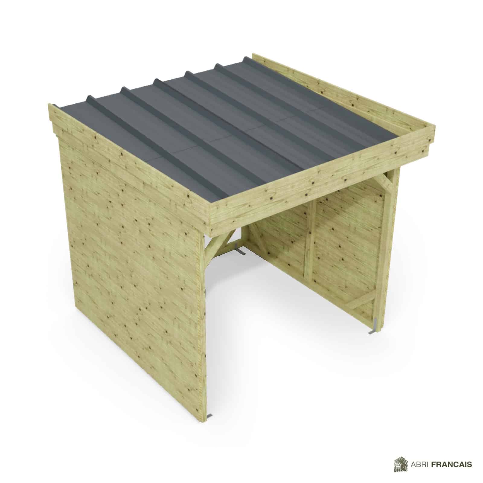 Abri à bûches 2 m × 2,27 m, adossé – vue du toit en bac acier