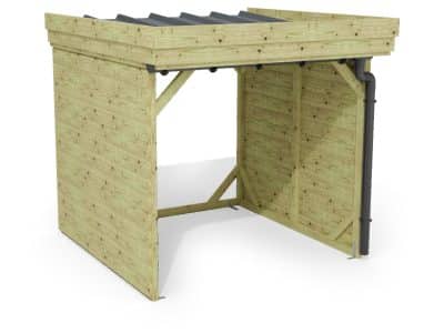 Abri à bûches 2 m × 2,27 m, adossé, avec gouttière – rendu 3D sur fond blanc