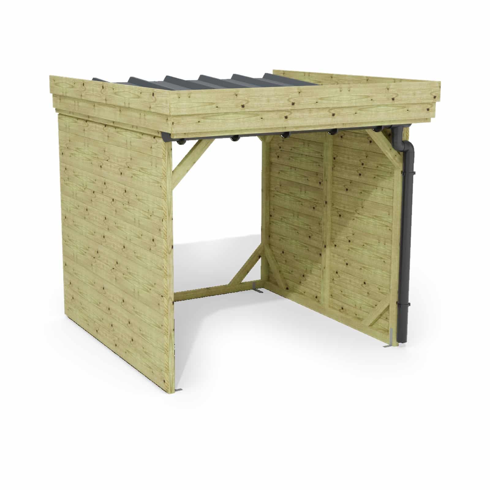 Abri à bûches 2 m × 2,27 m, adossé, avec gouttière – rendu 3D sur fond blanc