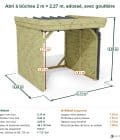 Abri à bûches 2 m × 2,27 m, adossé, avec gouttière – cotes extérieures et intérieures