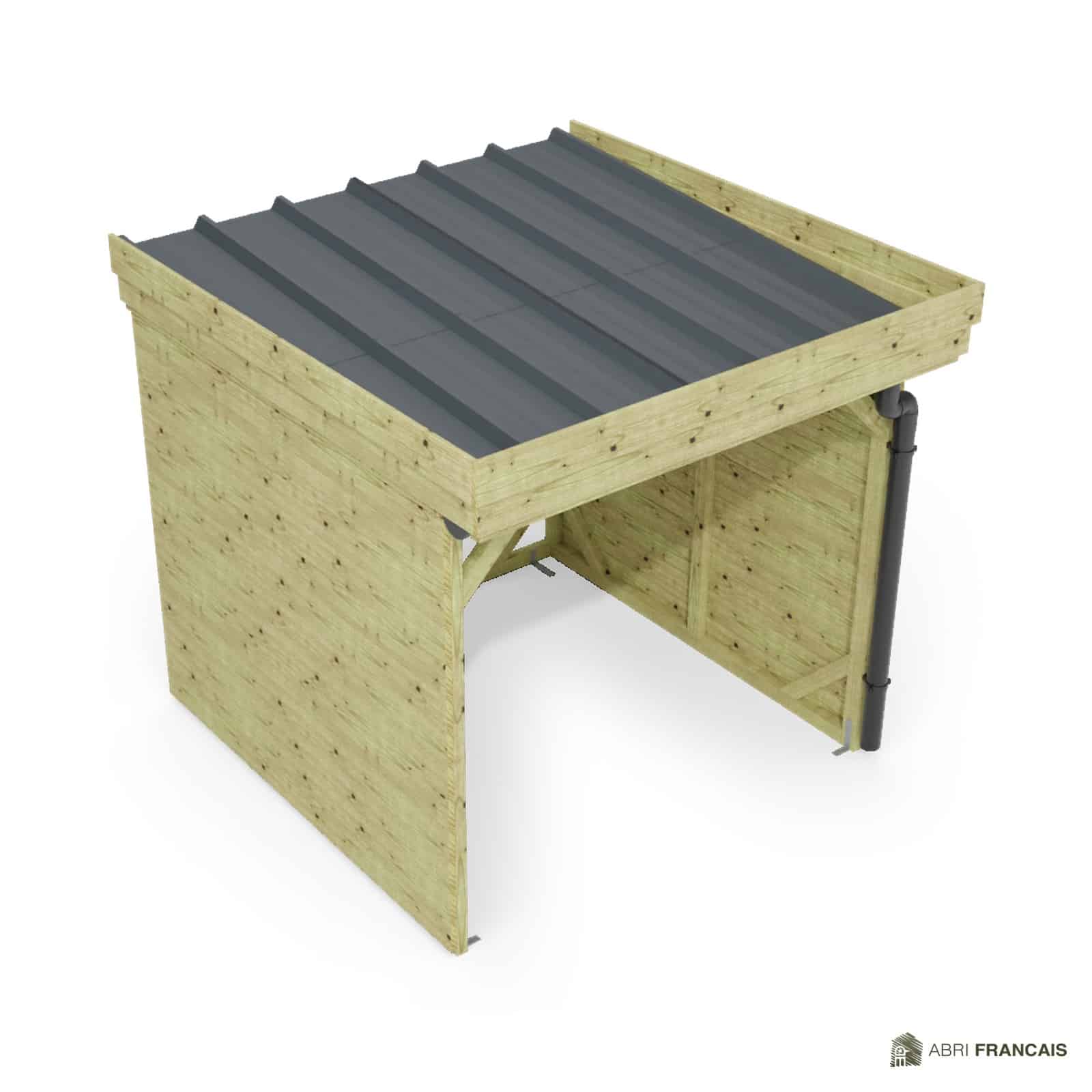 Abri à bûches 2 m × 2,27 m, adossé, avec gouttière – vue du toit en bac acier