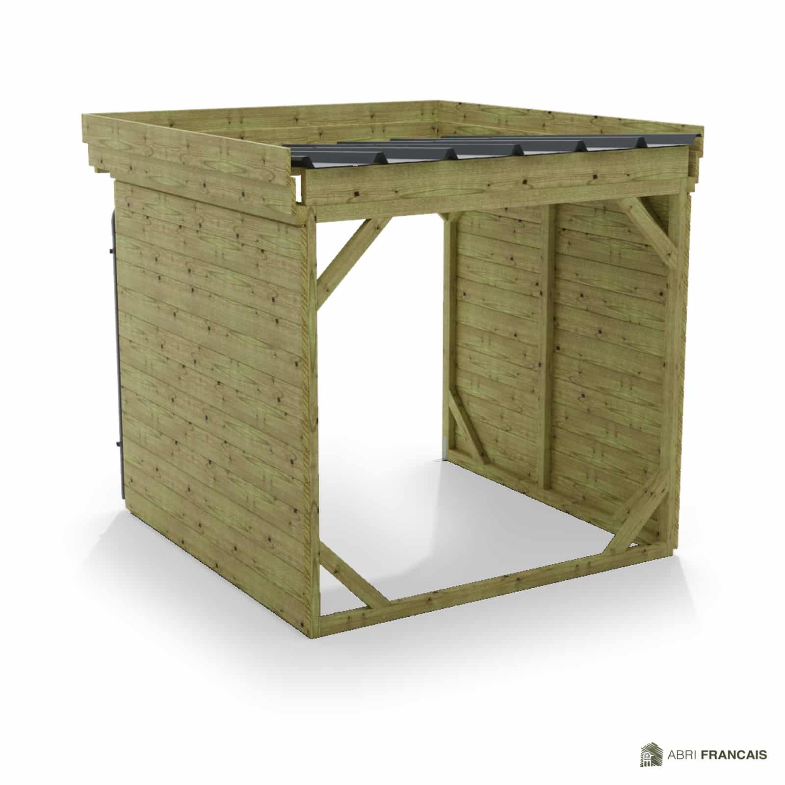 Abri à bûches 2 m × 2,27 m, adossé, avec gouttière – vue arrière, fond et côtés