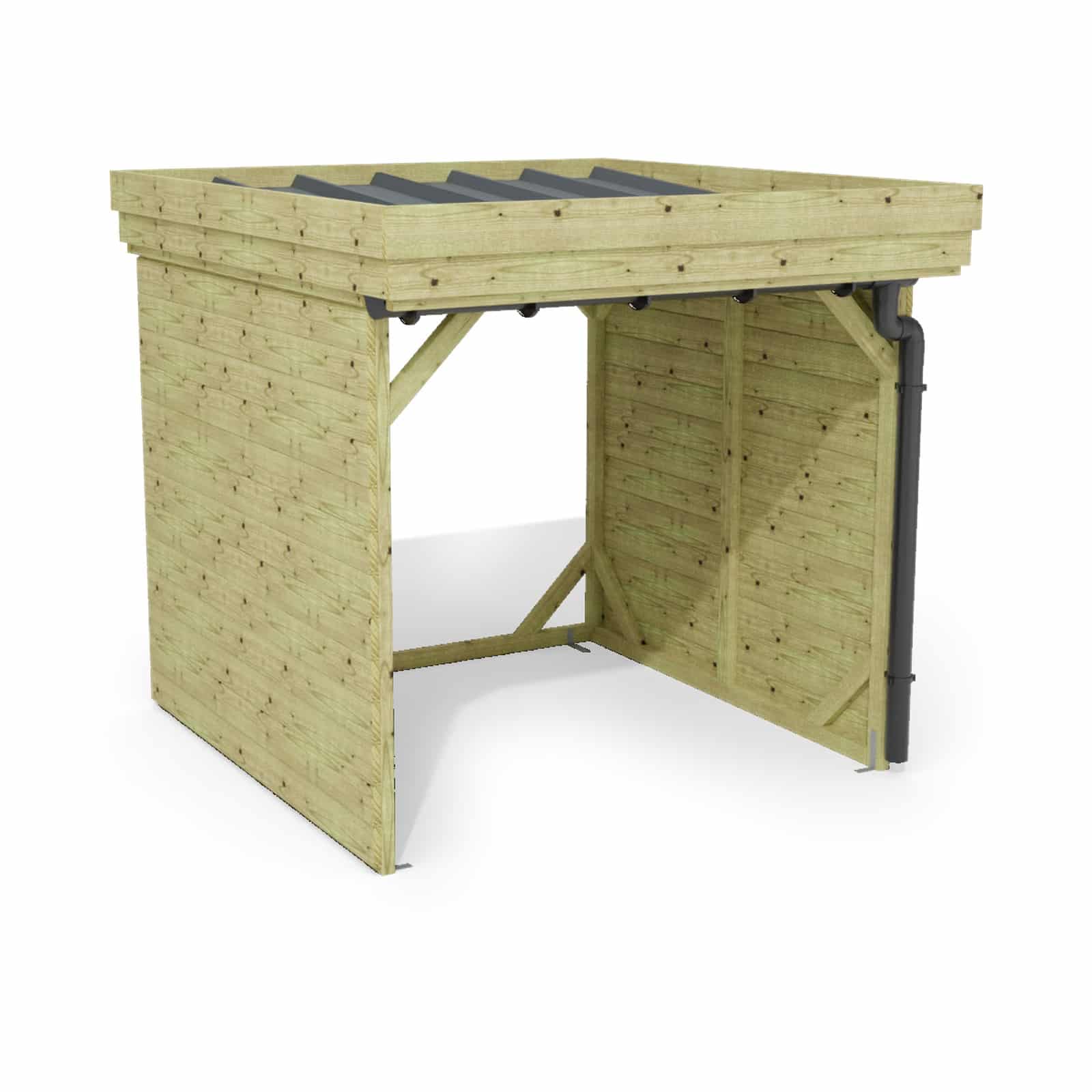 Abri à bûches 2 m × 2,27 m, avec gouttière – rendu 3D sur fond blanc