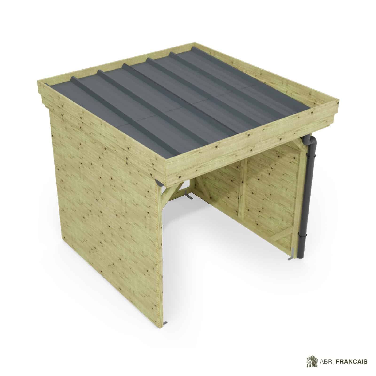 Abri à bûches 2 m × 2,27 m, avec gouttière – vue du toit en bac acier
