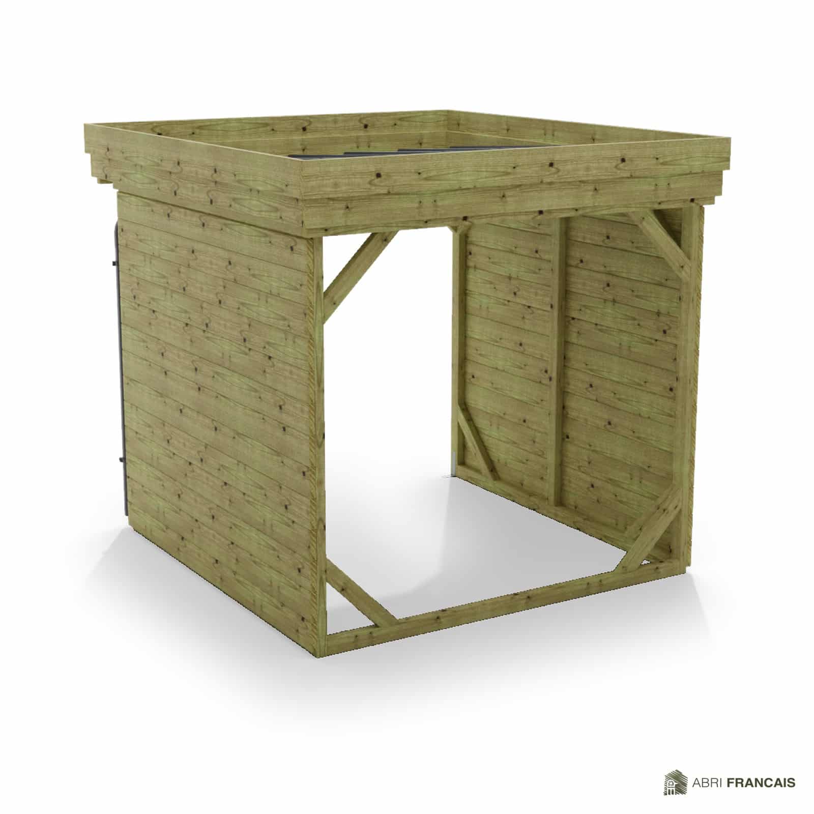Abri à bûches 2 m × 2,27 m, avec gouttière – vue arrière, fond et côtés