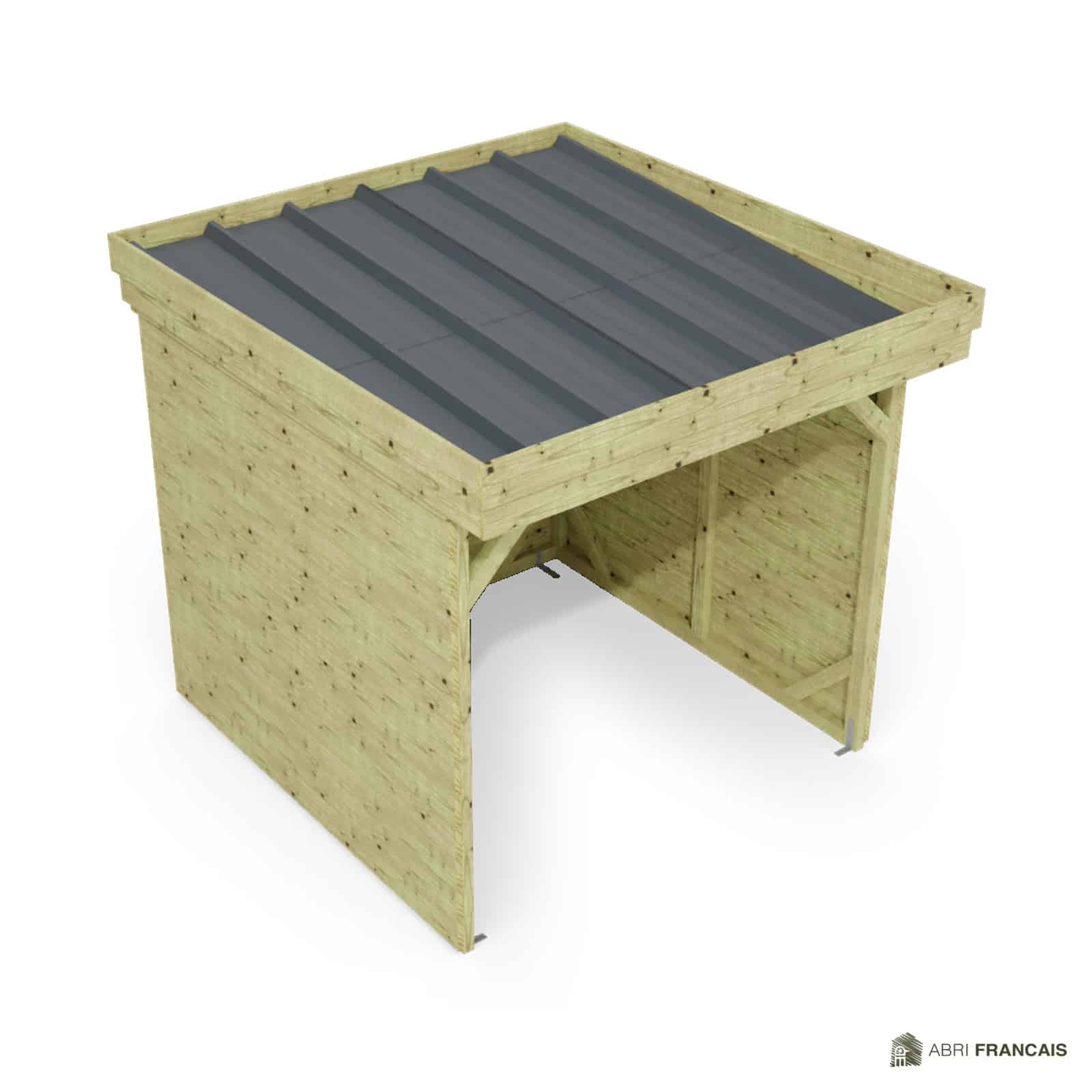 Abri à bûches 2 m × 2,27 m – vue du toit en bac acier
