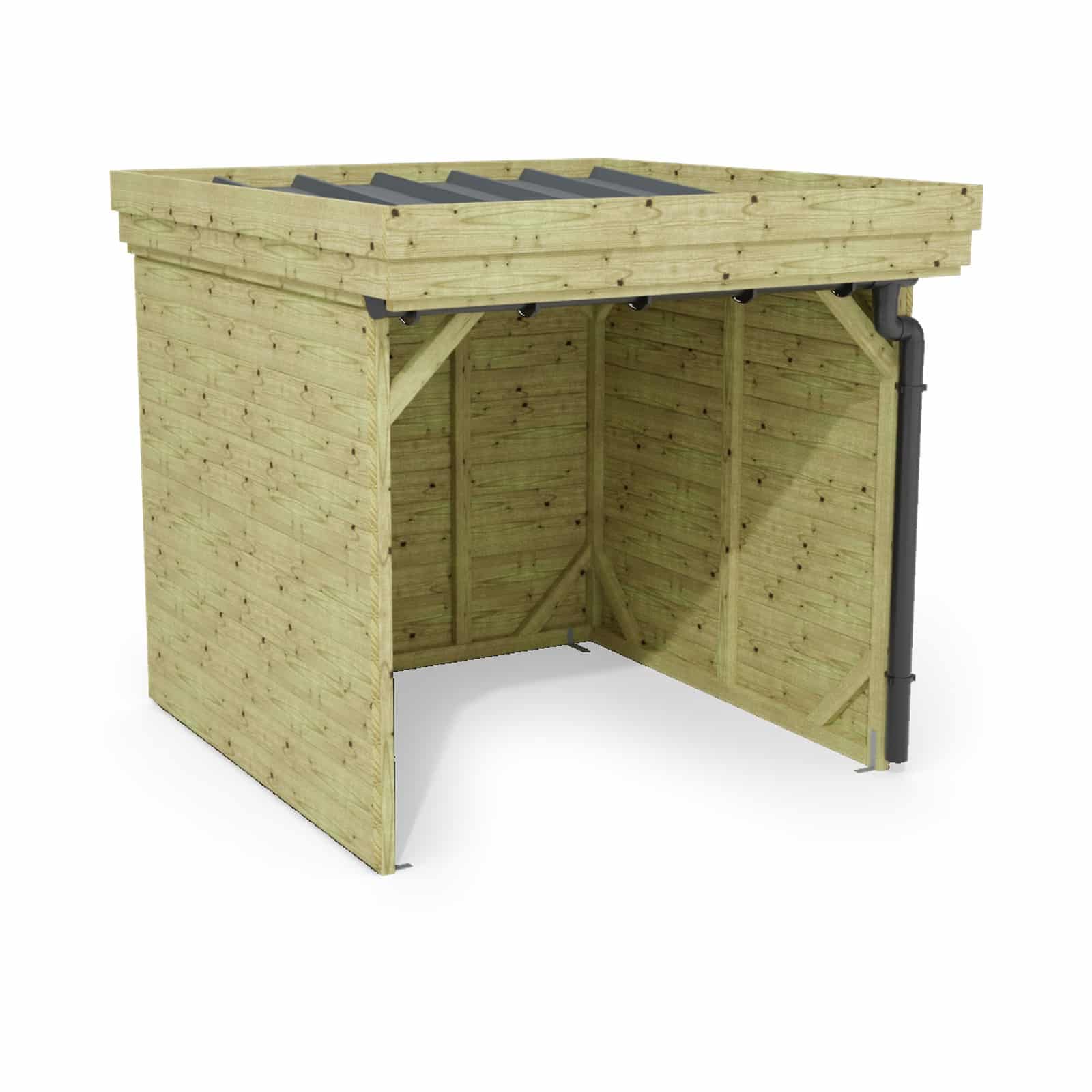 Abri à bûches 2 m × 2,27 m, avec gouttière – rendu 3D sur fond blanc