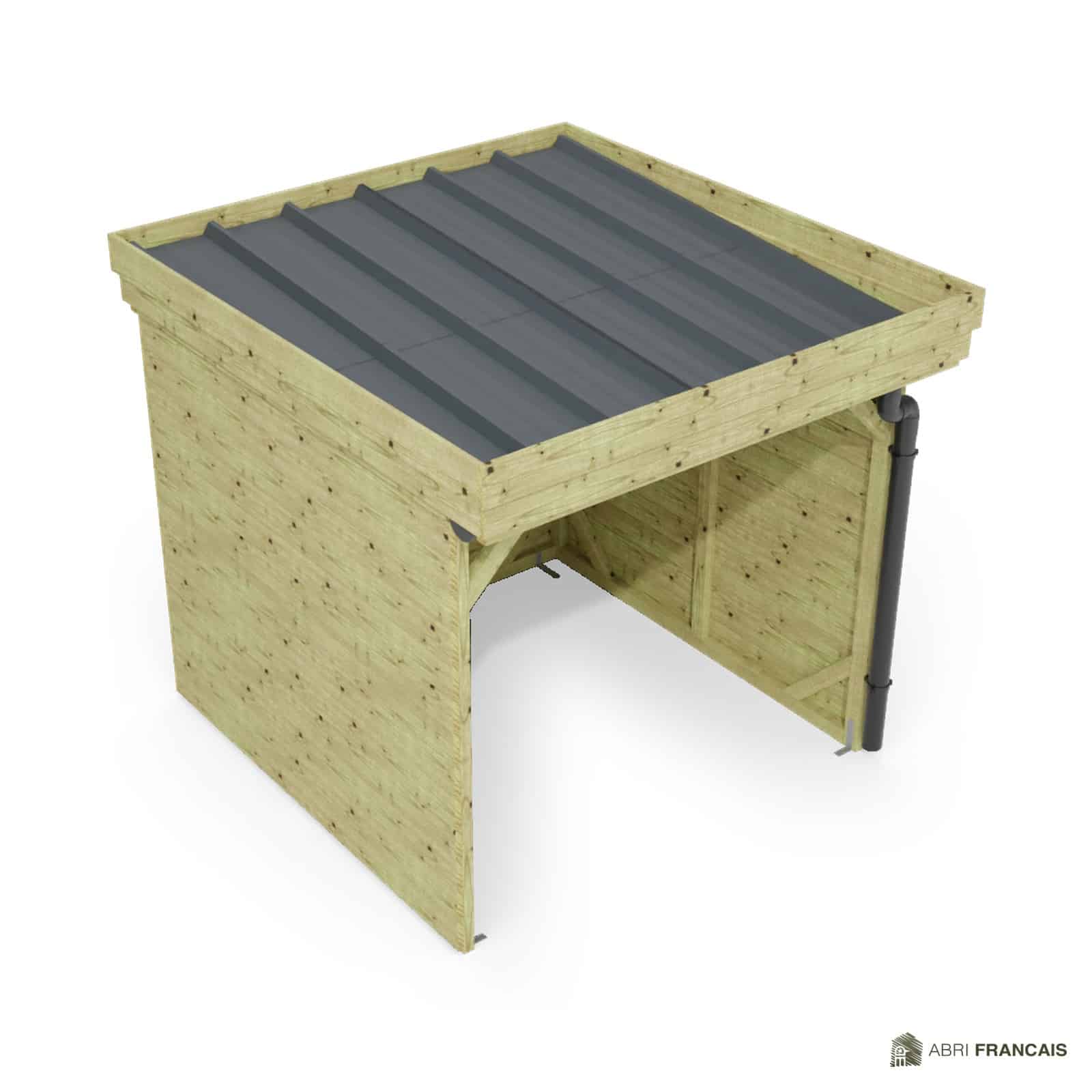 Abri à bûches 2 m × 2,27 m, avec gouttière – vue du toit en bac acier