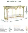 Abri à bûches 3 m × 1,30 m – cotes extérieures et intérieures