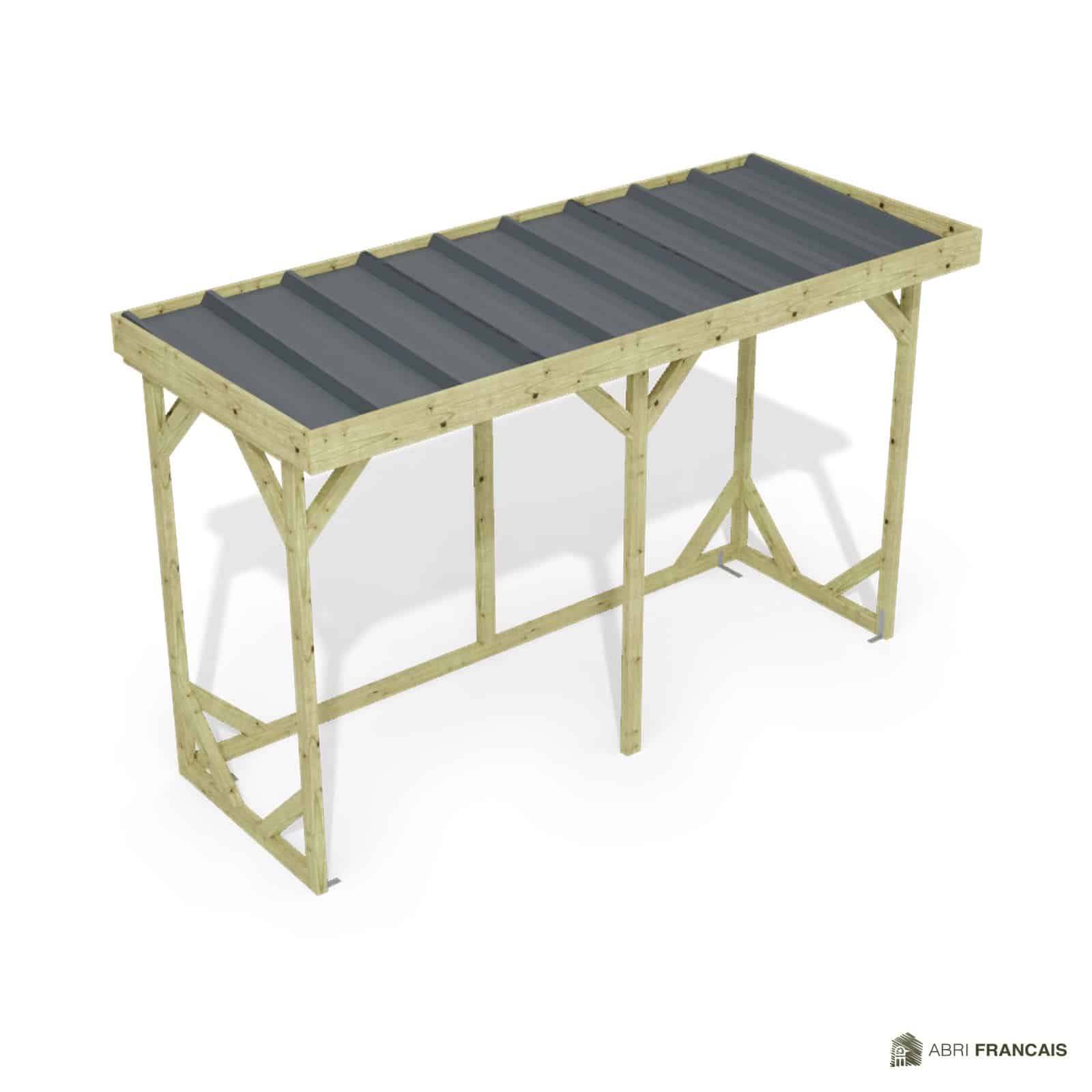 Abri à bûches 3 m × 1,30 m – vue du toit en bac acier