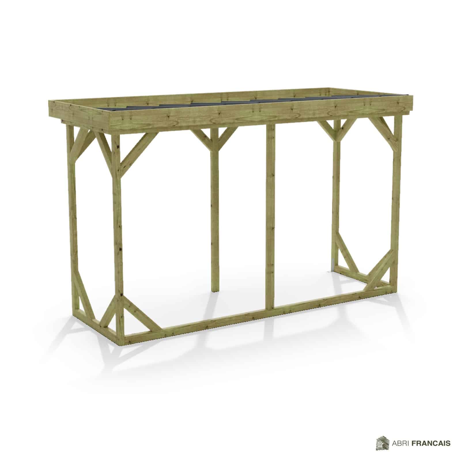 Abri à bûches 3 m × 1,30 m – vue arrière, fond et côtés