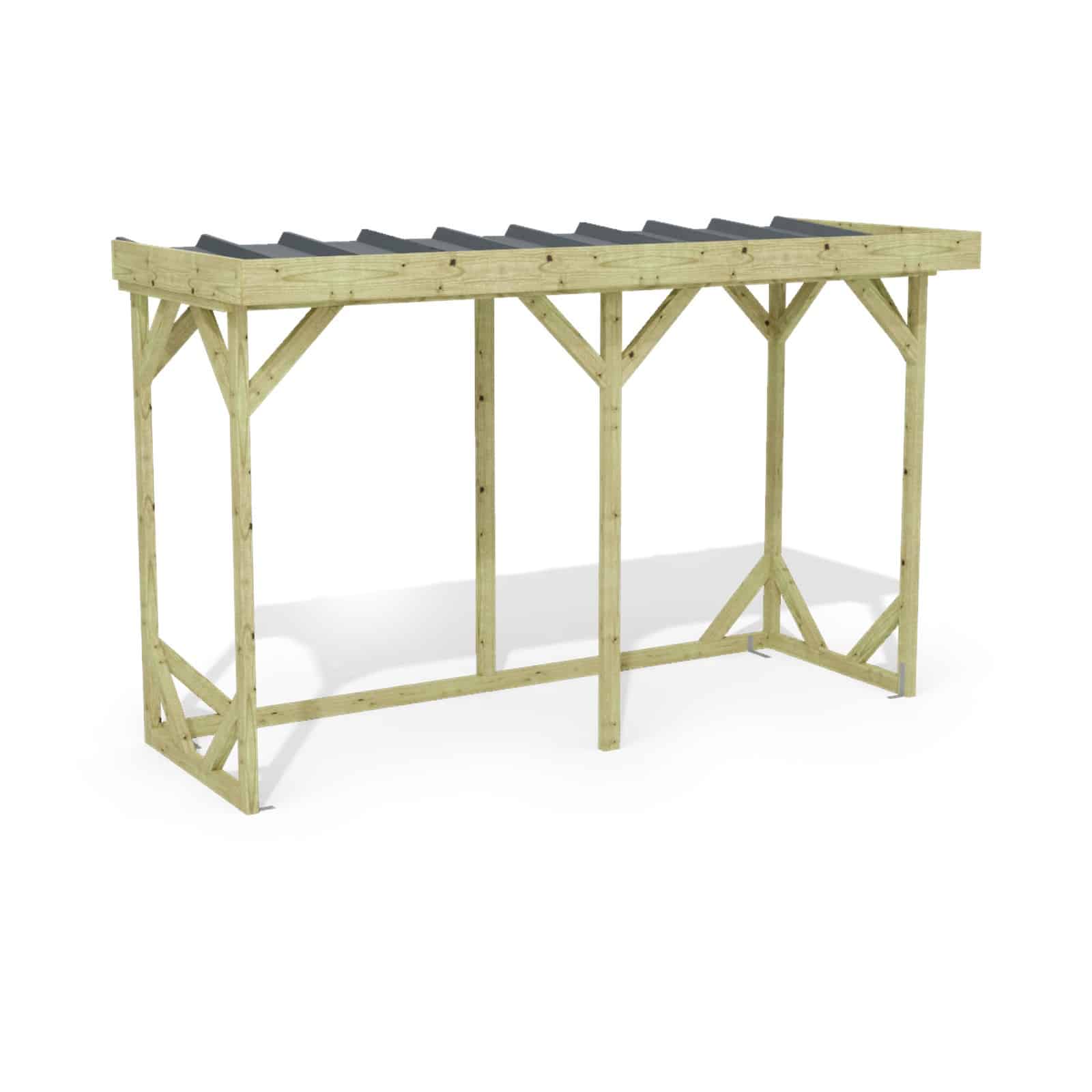 Abri à bûches 3 m × 1,30 m, adossé – rendu 3D sur fond blanc