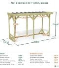Abri à bûches 3 m × 1,30 m, adossé – cotes extérieures et intérieures