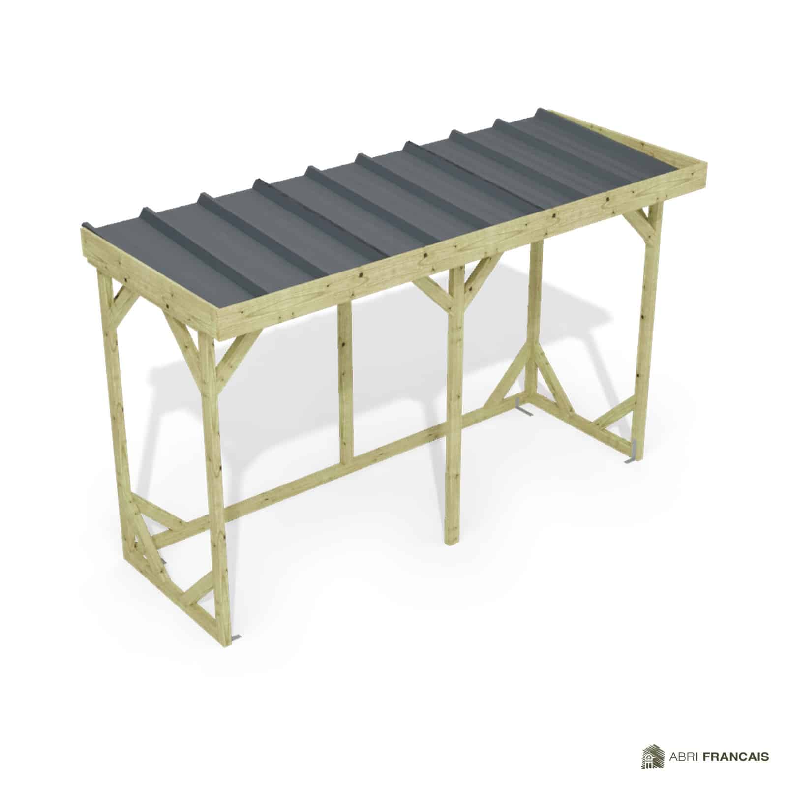 Abri à bûches 3 m × 1,30 m, adossé – vue du toit en bac acier