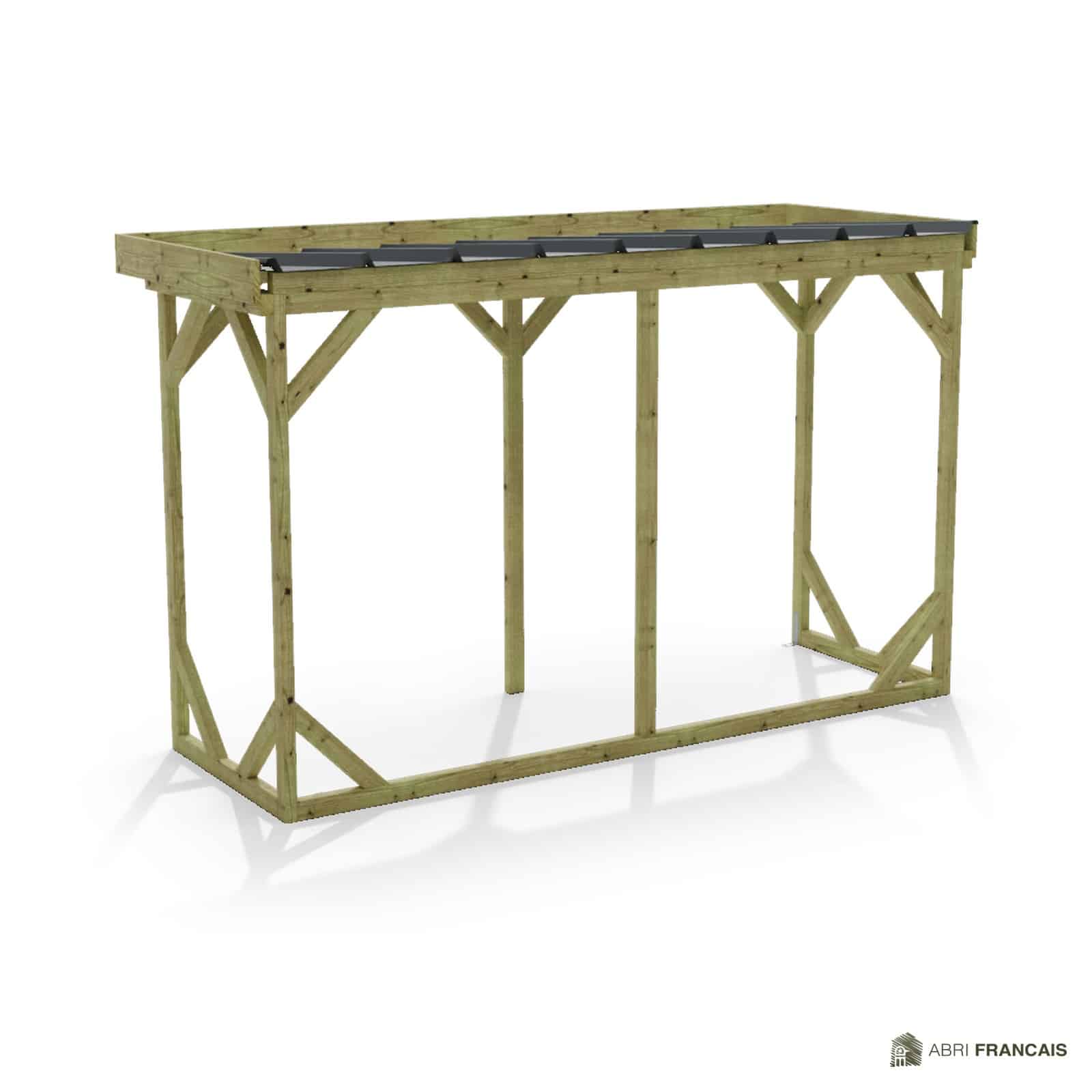 Abri à bûches 3 m × 1,30 m, adossé – vue arrière, fond et côtés