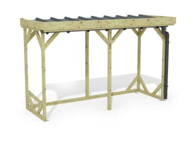 Abri à bûches 3 m × 1,30 m, adossé, avec gouttière – rendu 3D sur fond blanc