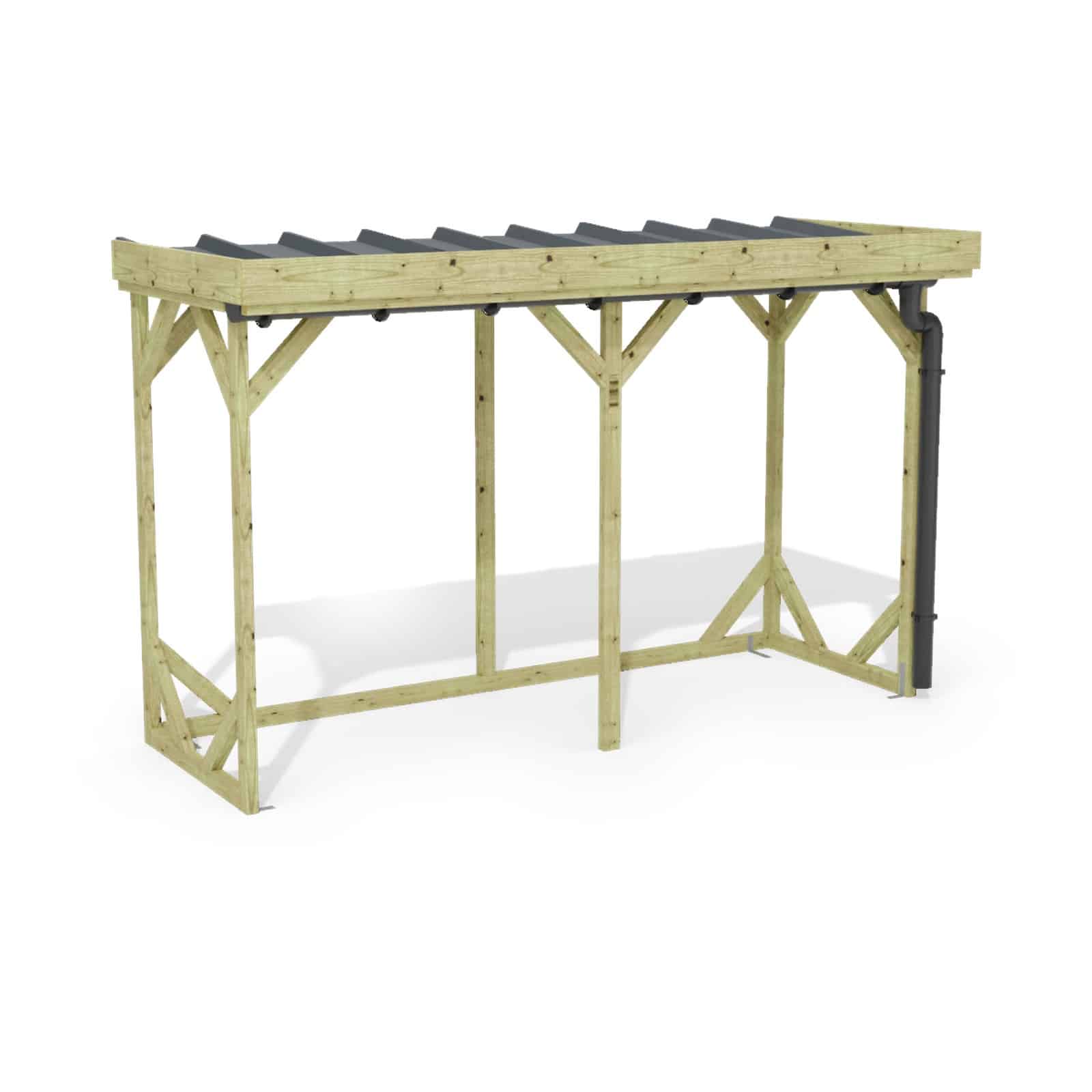 Abri à bûches 3 m × 1,30 m, adossé, avec gouttière – rendu 3D sur fond blanc