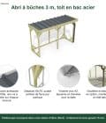 Abri à bûches 3 m × 1,30 m, adossé, avec gouttière – points forts