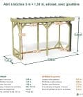Abri à bûches 3 m × 1,30 m, adossé, avec gouttière – cotes extérieures et intérieures