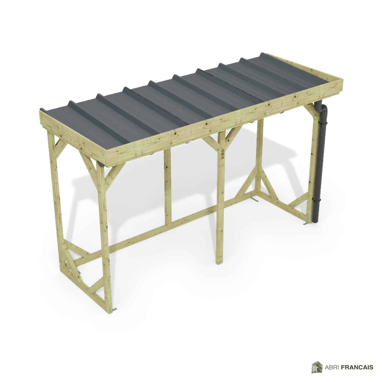 Abri à bûches 3 m × 1,30 m, adossé, avec gouttière – vue du toit en bac acier