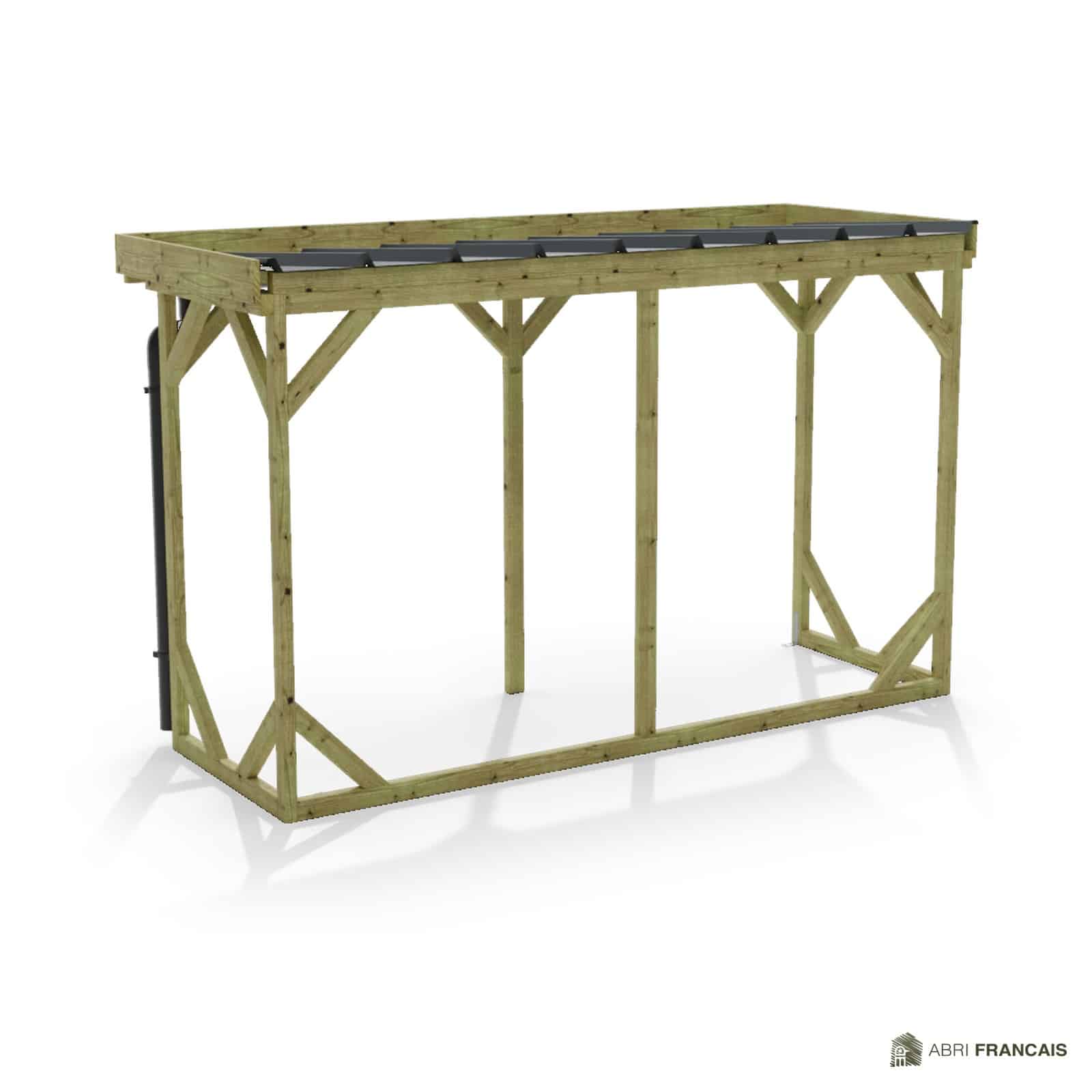 Abri à bûches 3 m × 1,30 m, adossé, avec gouttière – vue arrière, fond et côtés