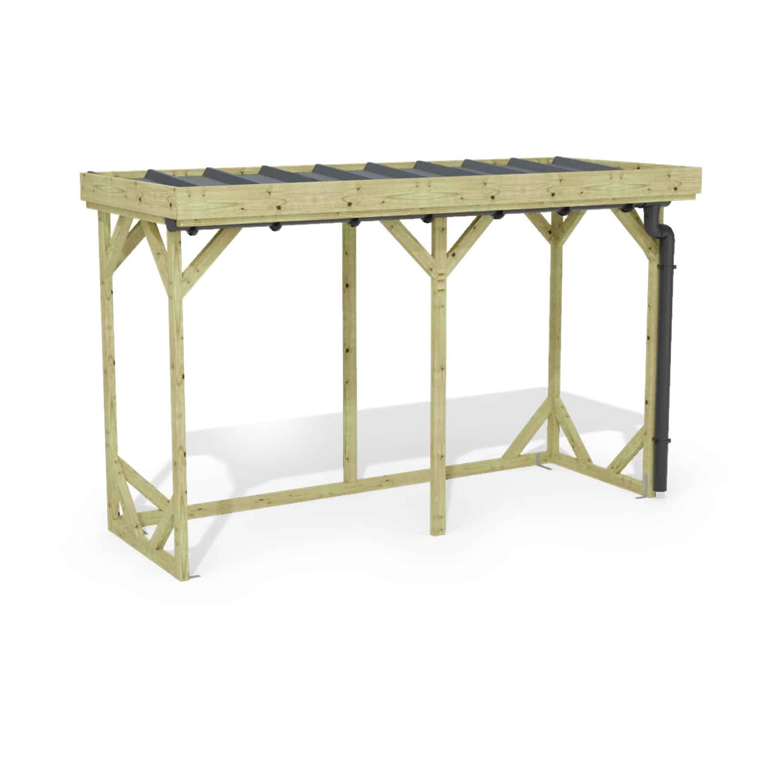 Abri à bûches 3 m × 1,30 m, avec gouttière – rendu 3D sur fond blanc
