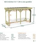Abri à bûches 3 m × 1,30 m, avec gouttière – cotes extérieures et intérieures