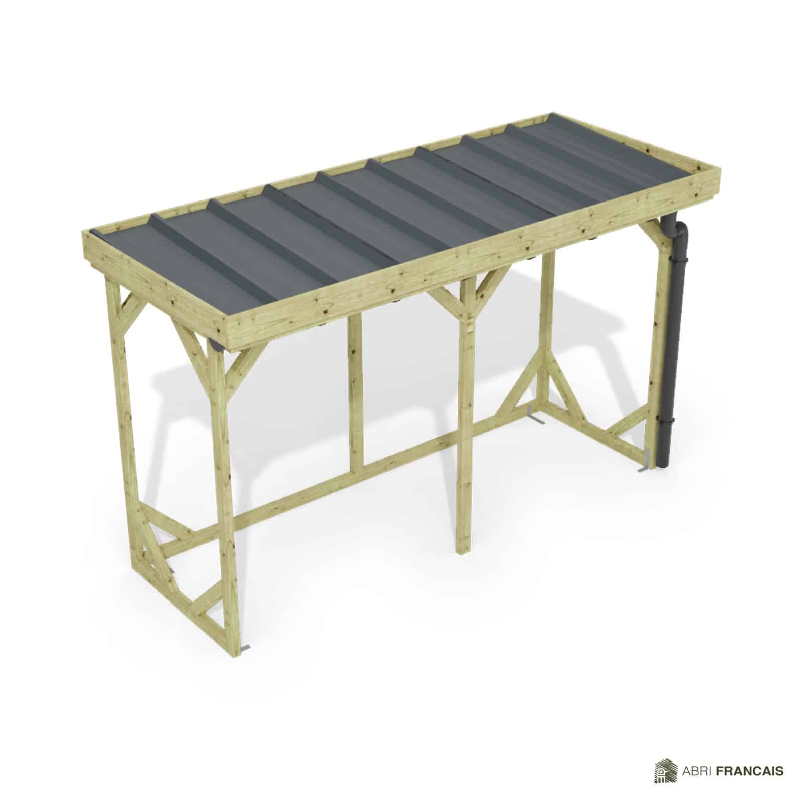 Abri à bûches 3 m × 1,30 m, avec gouttière – vue du toit en bac acier