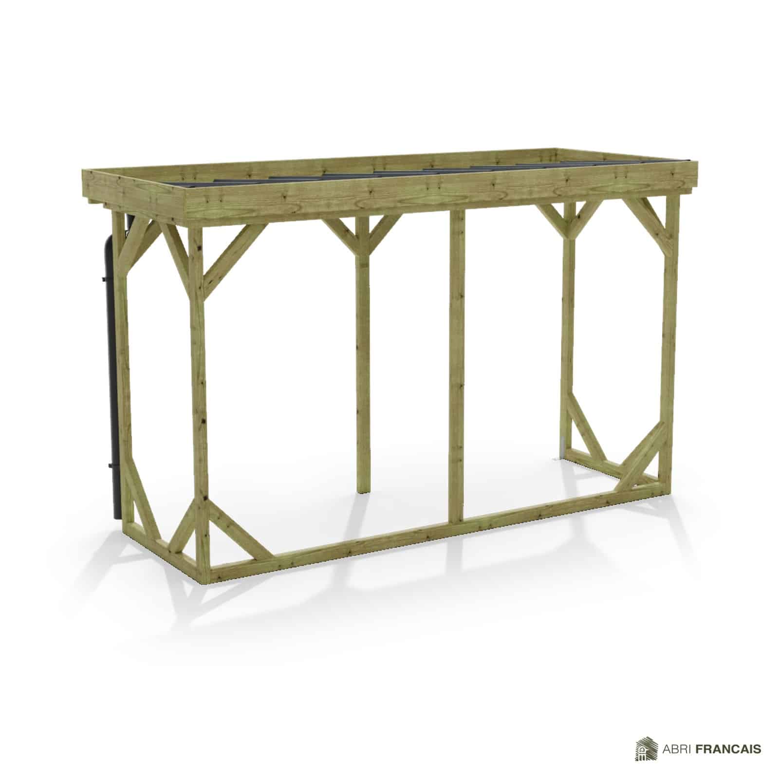 Abri à bûches 3 m × 1,30 m, avec gouttière – vue arrière, fond et côtés