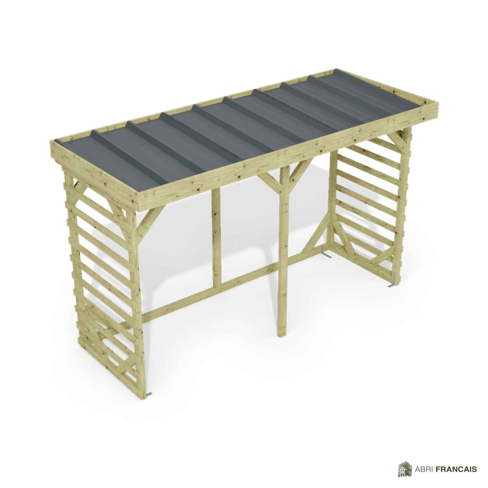 Abri à bûches 3 m × 1,30 m – vue du toit en bac acier