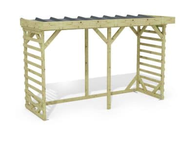Abri à bûches 3 m × 1,30 m, adossé – rendu 3D sur fond blanc
