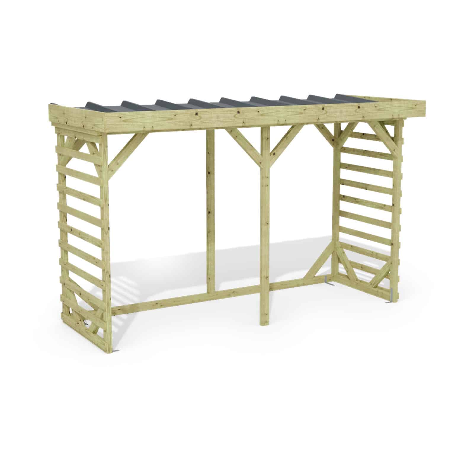 Abri à bûches 3 m × 1,30 m, adossé – rendu 3D sur fond blanc