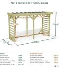 Abri à bûches 3 m × 1,30 m, adossé – cotes extérieures et intérieures