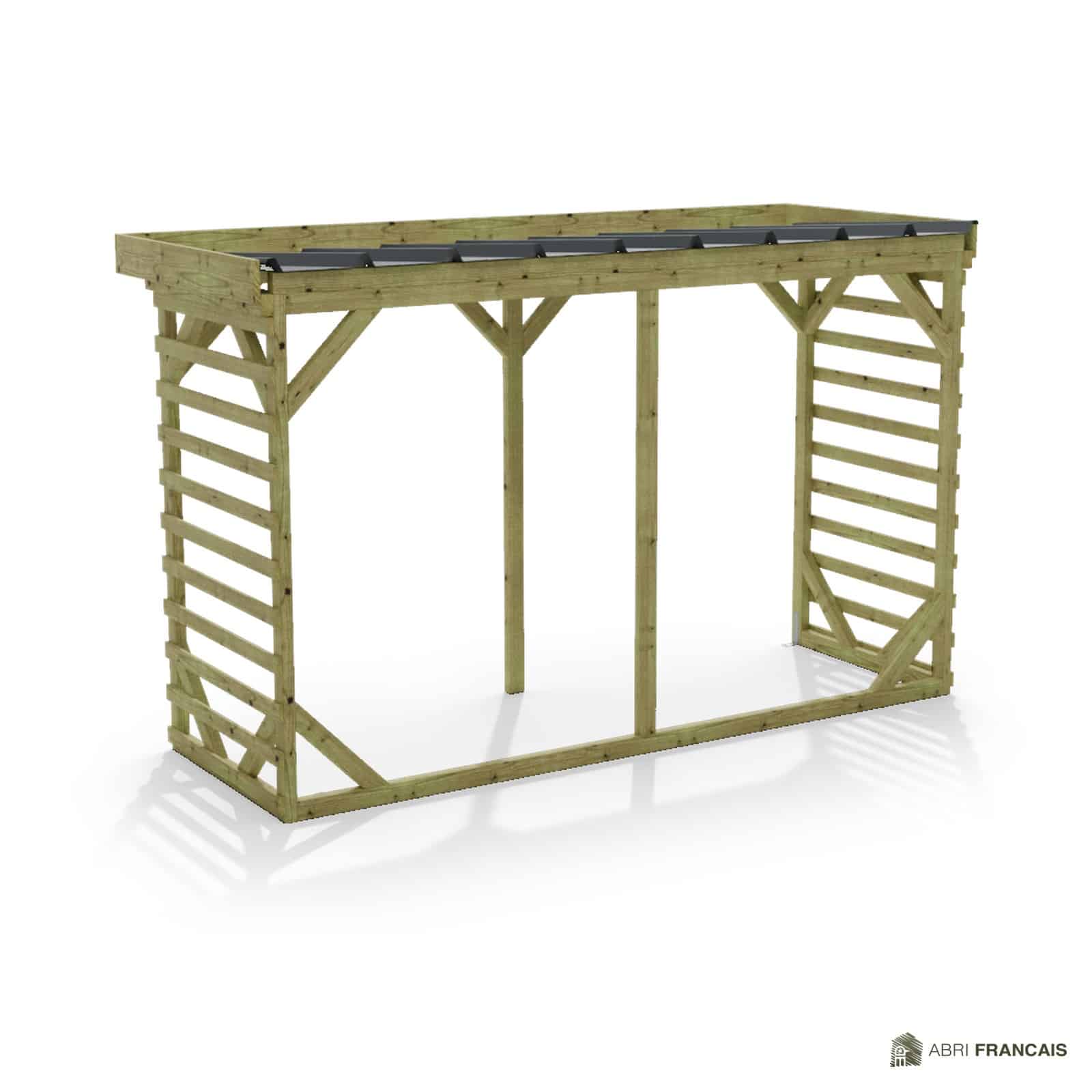 Abri à bûches 3 m × 1,30 m, adossé – vue arrière, fond et côtés