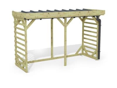 Abri à bûches 3 m × 1,30 m, adossé, avec gouttière – rendu 3D sur fond blanc