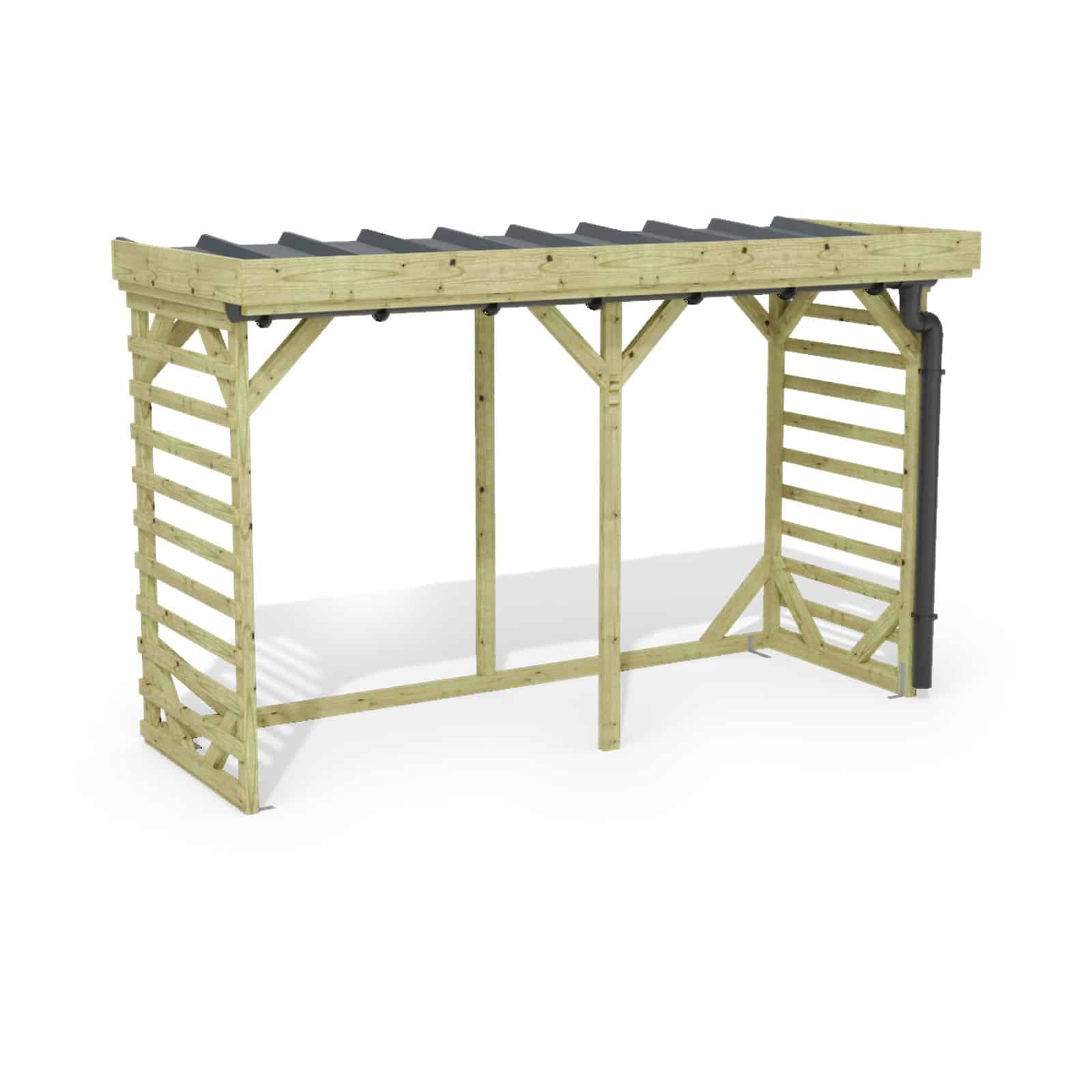 Abri à bûches 3 m × 1,30 m, adossé, avec gouttière – rendu 3D sur fond blanc