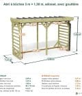 Abri à bûches 3 m × 1,30 m, adossé, avec gouttière – cotes extérieures et intérieures