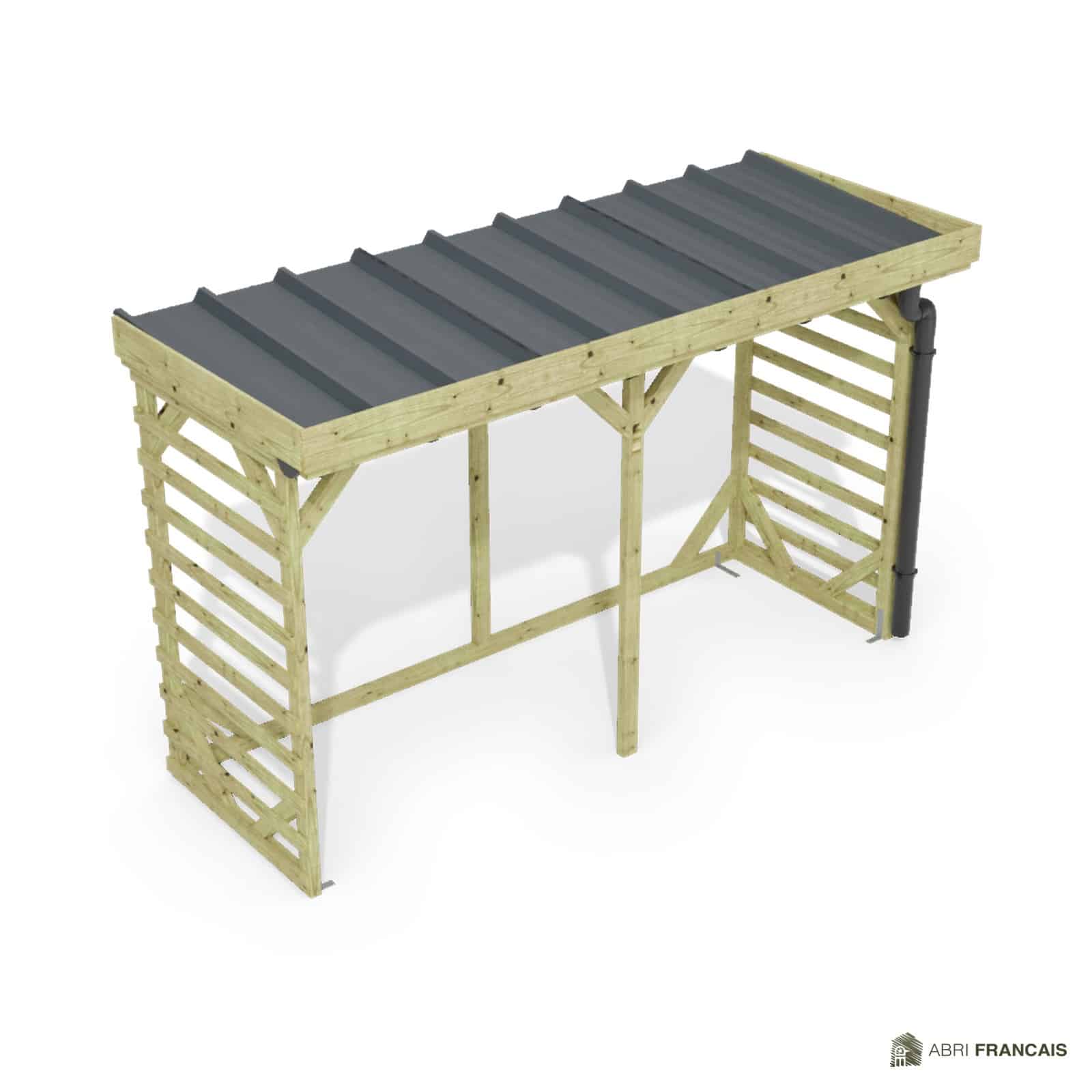 Abri à bûches 3 m × 1,30 m, adossé, avec gouttière – vue du toit en bac acier