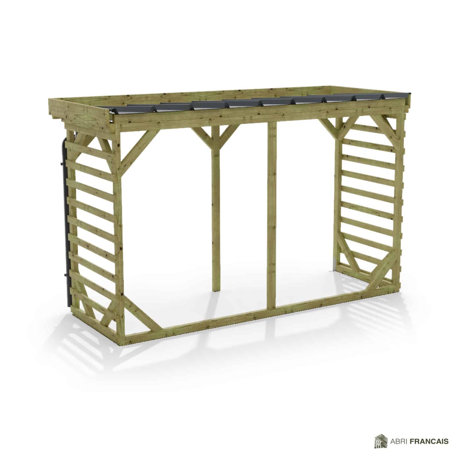 Abri à bûches 3 m × 1,30 m, adossé, avec gouttière – vue arrière, fond et côtés